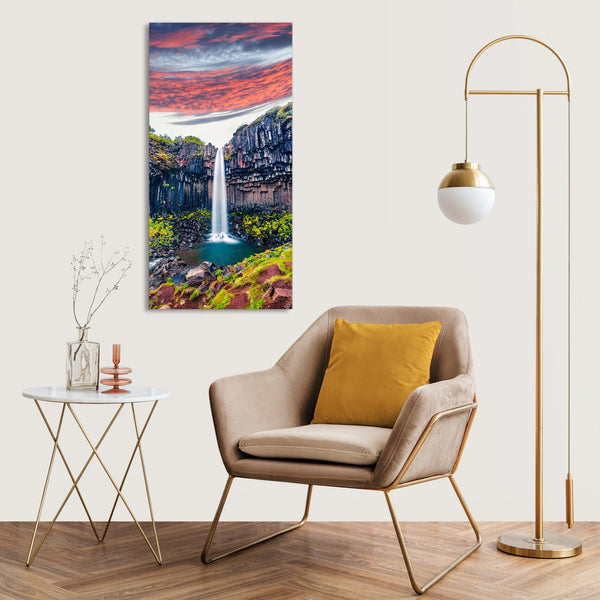 Quadro Stampa su Tela con Telaio in Legno paesaggio cascata tramonto