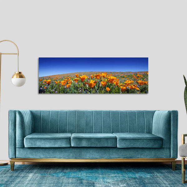 Quadro Stampa su Tela con Telaio in Legno paesaggio papaveri