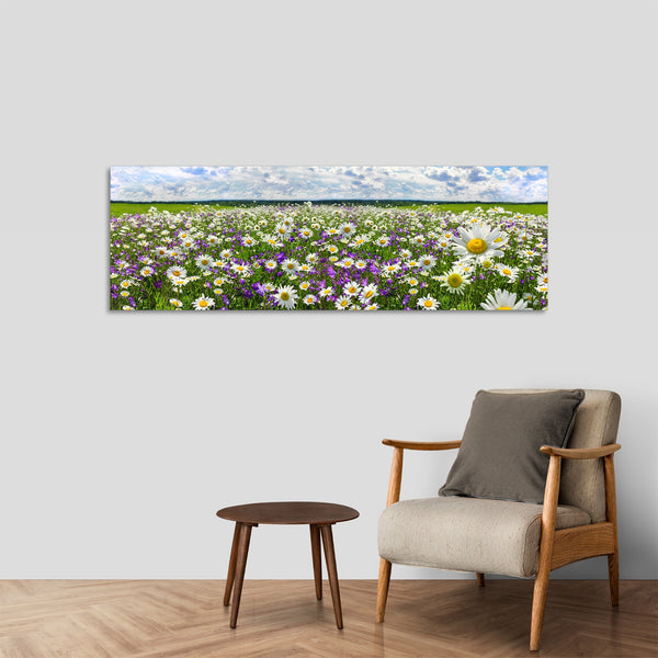 Quadro Stampa su Tela con Telaio in Legno paesaggio campo fiorito