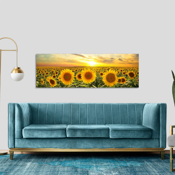 Quadro Stampa su Tela con Telaio in Legno paesaggio campo di girasoli tramonti