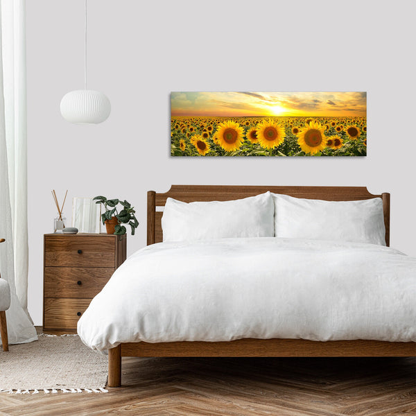 Quadro Stampa su Tela con Telaio in Legno paesaggio campo di girasoli tramonti