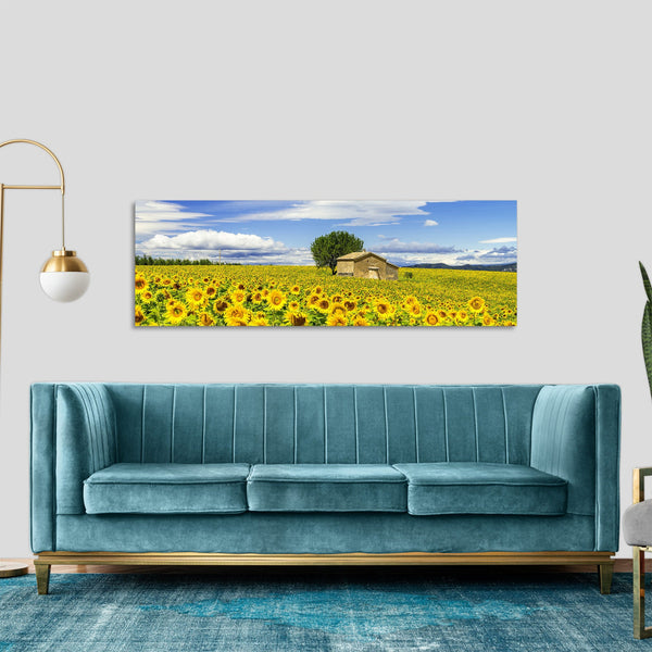Quadro Stampa su Tela con Telaio in Legno paesaggio campo di girasoli