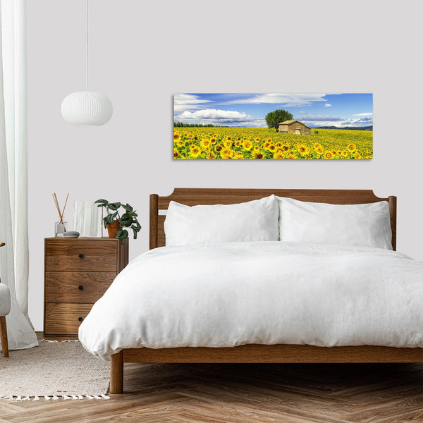 Quadro Stampa su Tela con Telaio in Legno paesaggio campo di girasoli