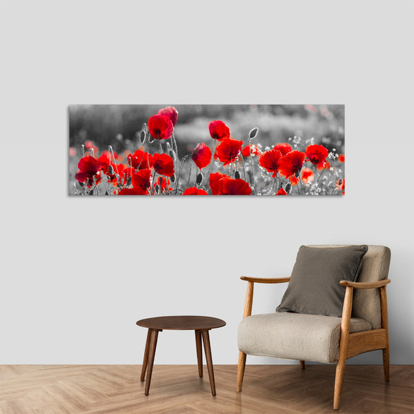 Quadro Stampa su Tela con Telaio in Legno paesaggio papaveri