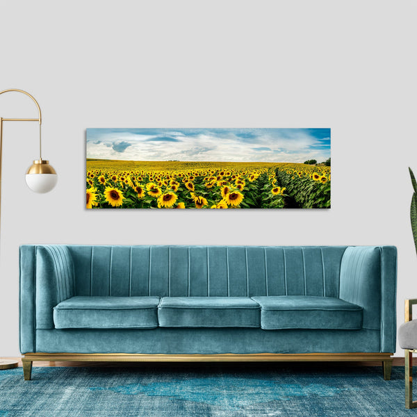 Quadro Stampa su Tela con Telaio in Legno paesaggio campo di girasoli