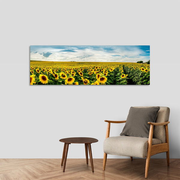Quadro Stampa su Tela con Telaio in Legno paesaggio campo di girasoli