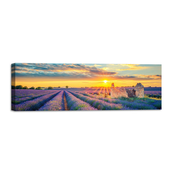 Quadro Stampa su Tela con Telaio in Legno paesaggio tramonto campo di lavanda provenza