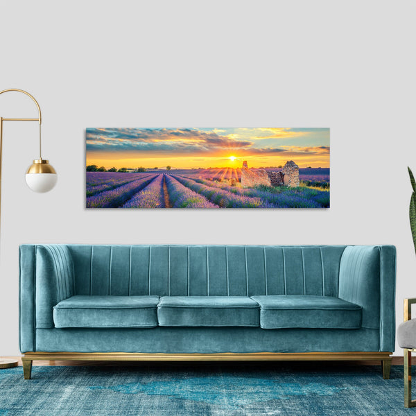 Quadro Stampa su Tela con Telaio in Legno paesaggio tramonto campo di lavanda provenza
