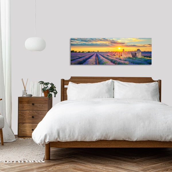 Quadro Stampa su Tela con Telaio in Legno paesaggio tramonto campo di lavanda provenza