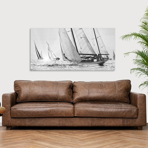 Quadro Stampa su Tela con Telaio in Legno paesaggio mare barche a vela