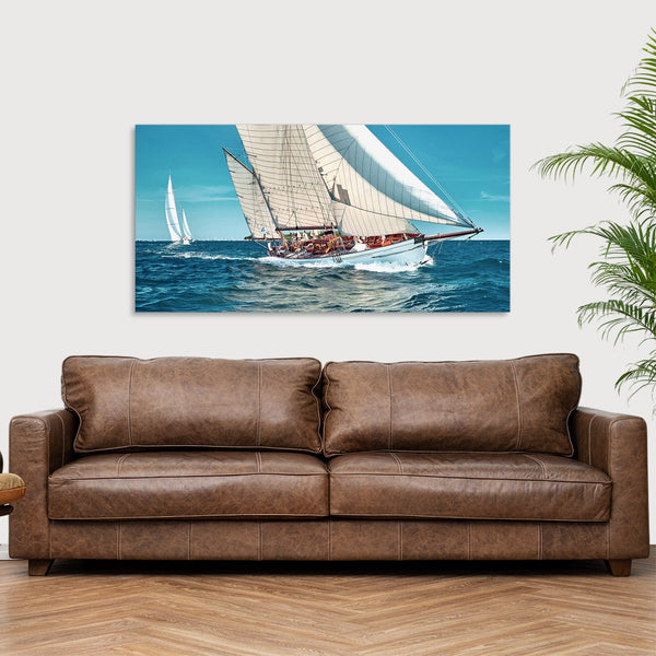 Quadro Stampa su Tela con Telaio in Legno paesaggio mare barche a vela