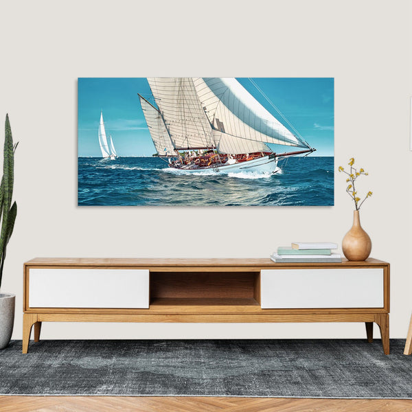 Quadro Stampa su Tela con Telaio in Legno paesaggio mare barche a vela