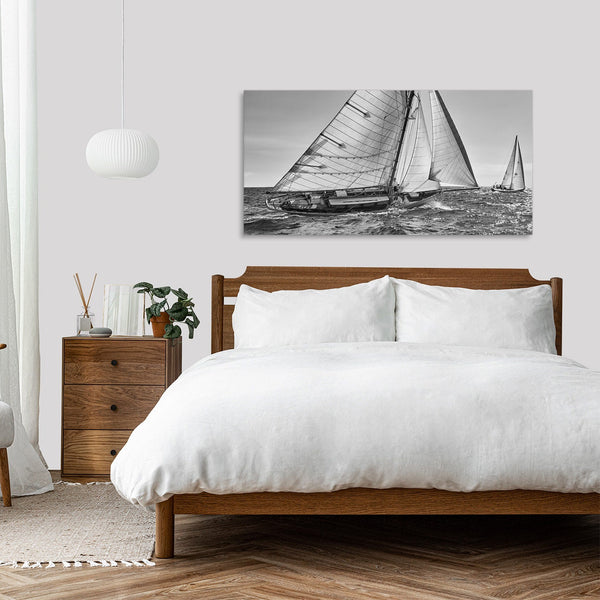 Quadro Stampa su Tela con Telaio in Legno paesaggio mare barche a vela