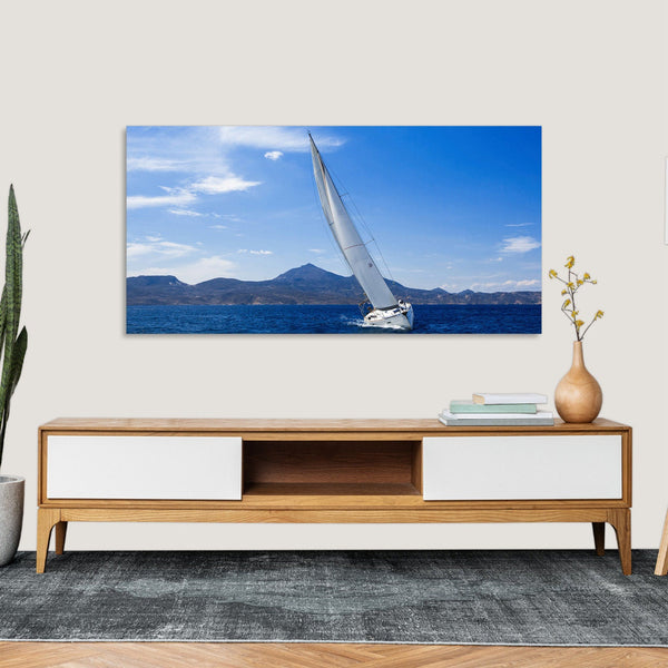Quadro Stampa su Tela con Telaio in Legno paesaggio mare barche a vela