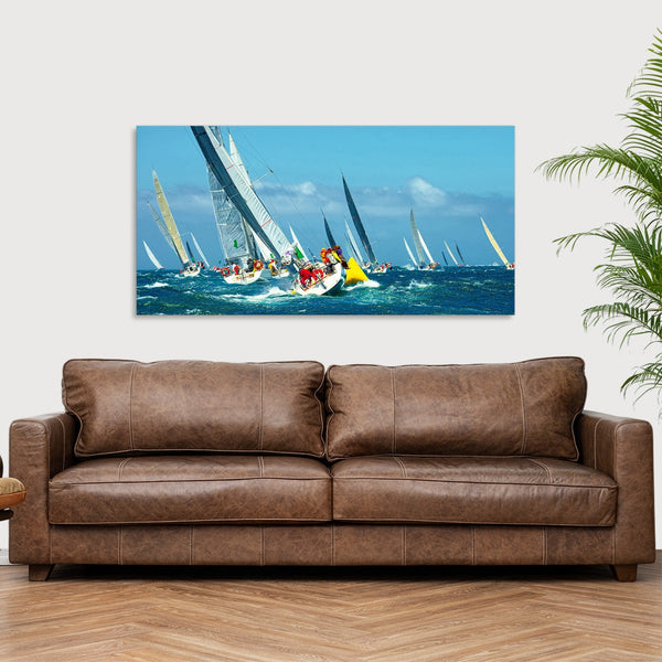 Quadro Stampa su Tela con Telaio in Legno paesaggio mare barche a vela