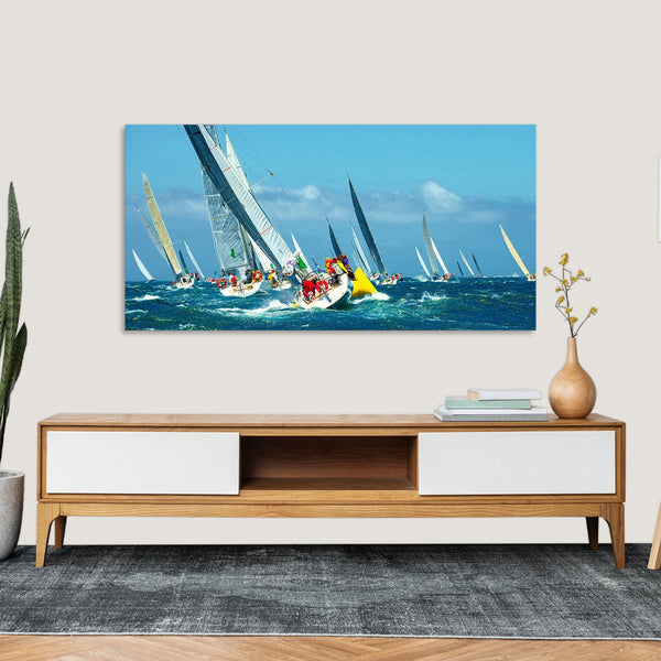 Quadro Stampa su Tela con Telaio in Legno paesaggio mare barche a vela