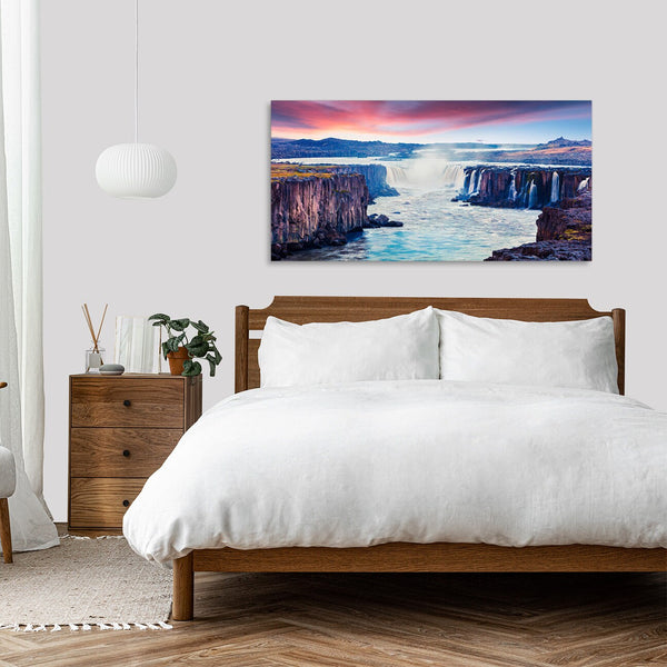 Quadro Stampa su Tela con Telaio in Legno paesaggio cascate tramonto