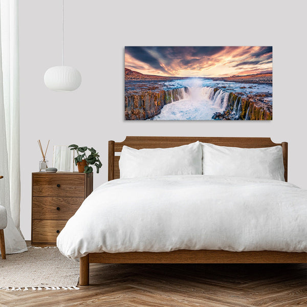 Quadro Stampa su Tela con Telaio in Legno paesaggio cascate tramonto