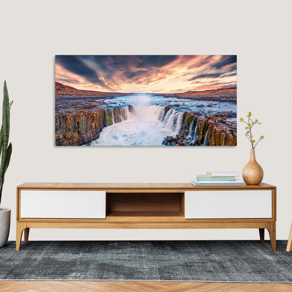 Quadro Stampa su Tela con Telaio in Legno paesaggio cascate tramonto