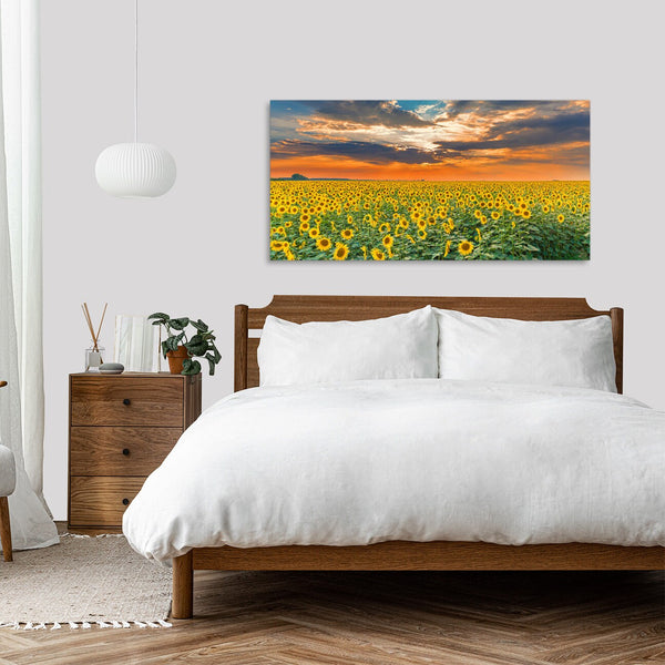 Quadro Stampa su Tela con Telaio in Legno paesaggio tramonto campo di girasoli