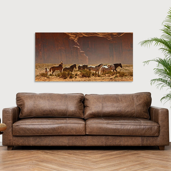 Quadro Stampa su Tela con Telaio in Legno paesaggio cavalli
