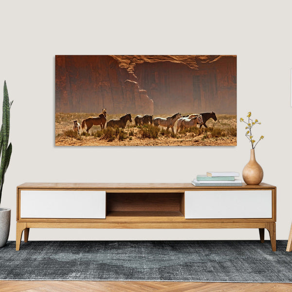 Quadro Stampa su Tela con Telaio in Legno paesaggio cavalli