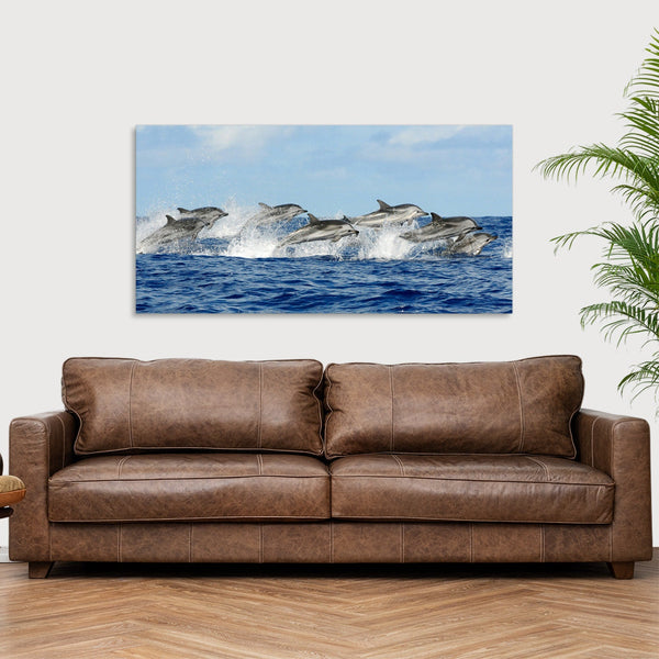 Quadro Stampa su Tela con Telaio in Legno paesaggio delfini