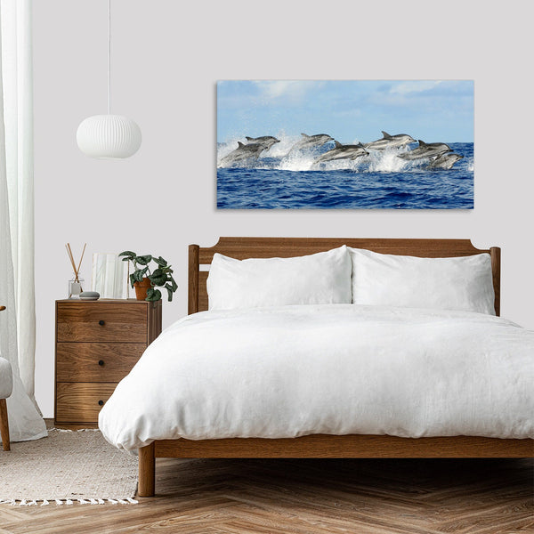 Quadro Stampa su Tela con Telaio in Legno paesaggio delfini