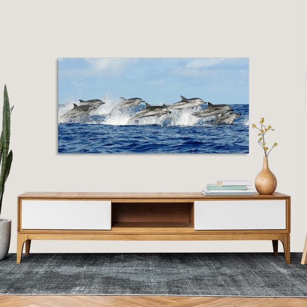 Quadro Stampa su Tela con Telaio in Legno paesaggio delfini