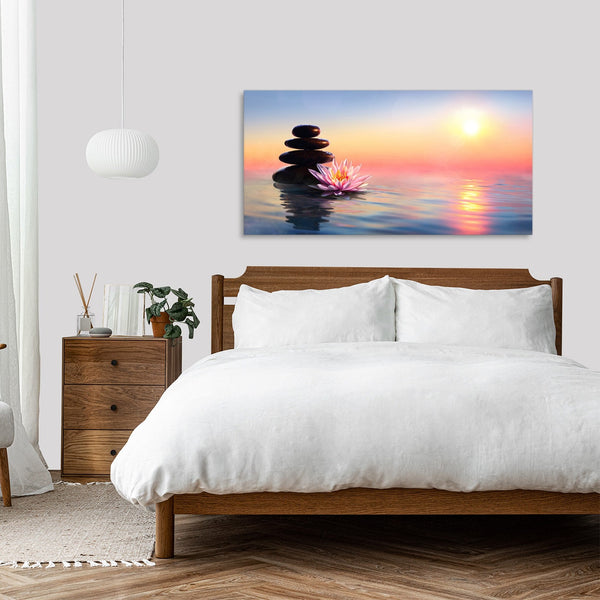 Quadro Stampa su Tela con Telaio in Legno fiori zen