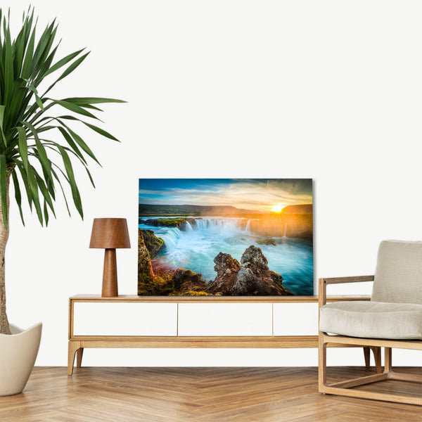 Quadro Stampa su Tela con Telaio in legno panorama cascate tramonto