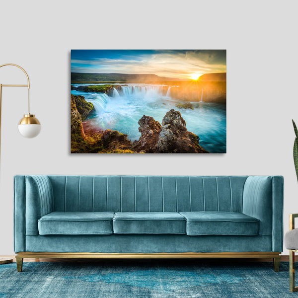 Quadro Stampa su Tela con Telaio in legno panorama cascate tramonto