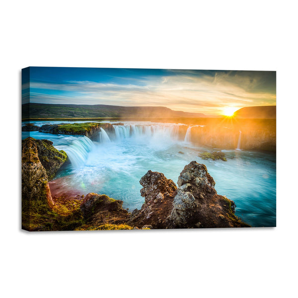 Quadro Stampa su Tela con Telaio in legno panorama cascate tramonto