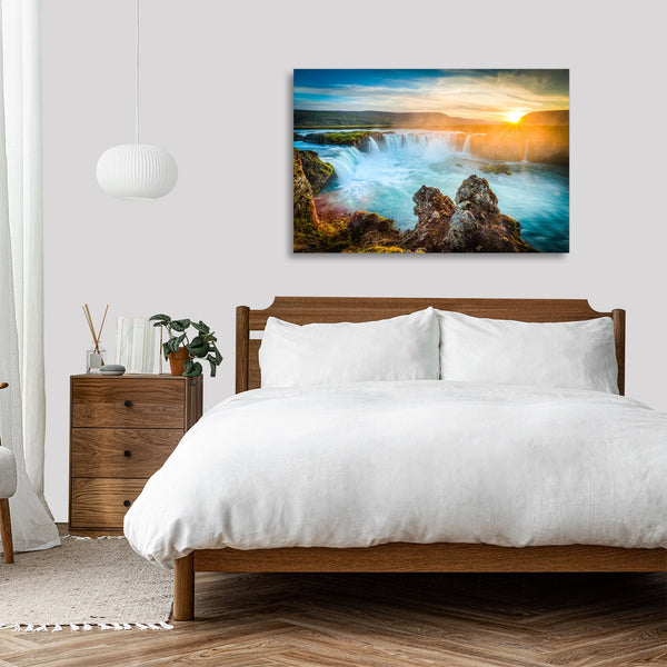 Quadro Stampa su Tela con Telaio in legno panorama cascate tramonto