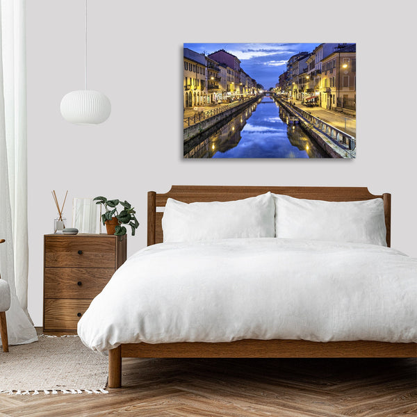 Quadro Stampa su Tela con Telaio in legno panorama milano navigli