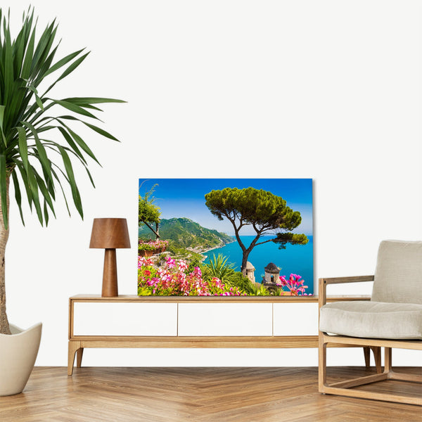 Quadro Stampa su Tela con Telaio in legno panorama costiera amalfitana