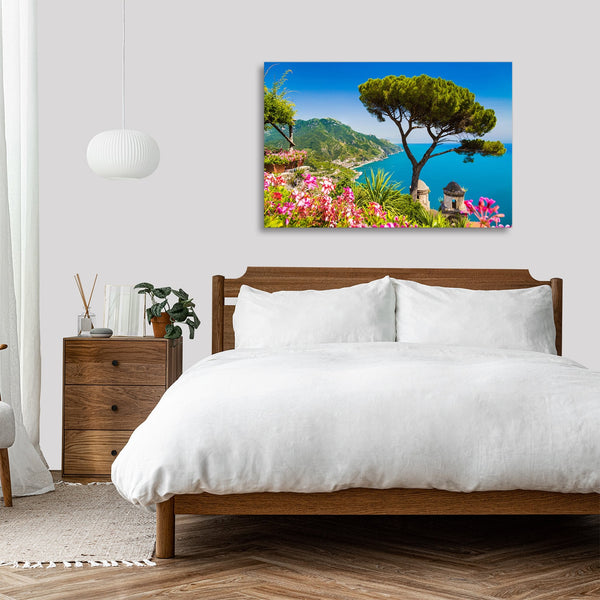 Quadro Stampa su Tela con Telaio in legno panorama costiera amalfitana