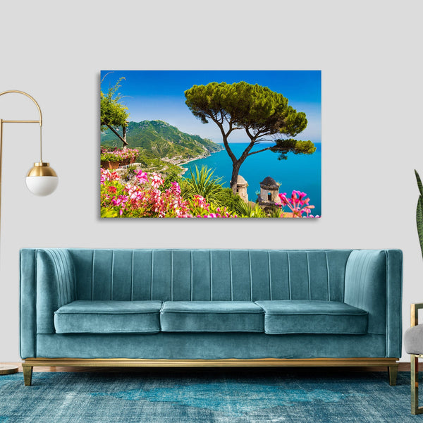 Quadro Stampa su Tela con Telaio in legno panorama costiera amalfitana