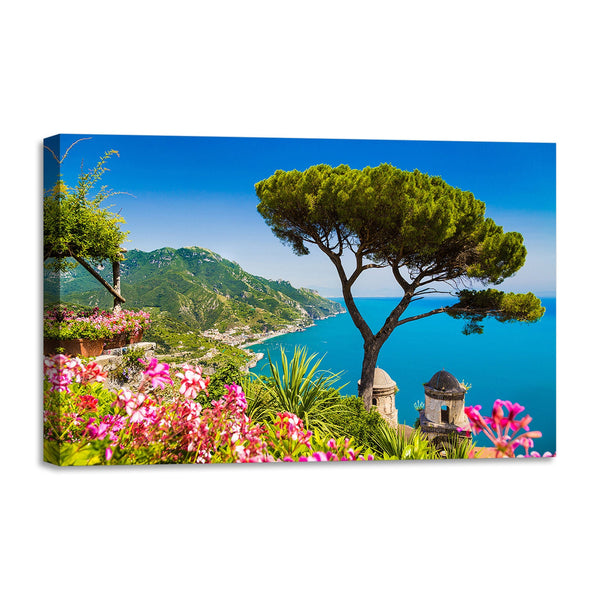 Quadro Stampa su Tela con Telaio in legno panorama costiera amalfitana