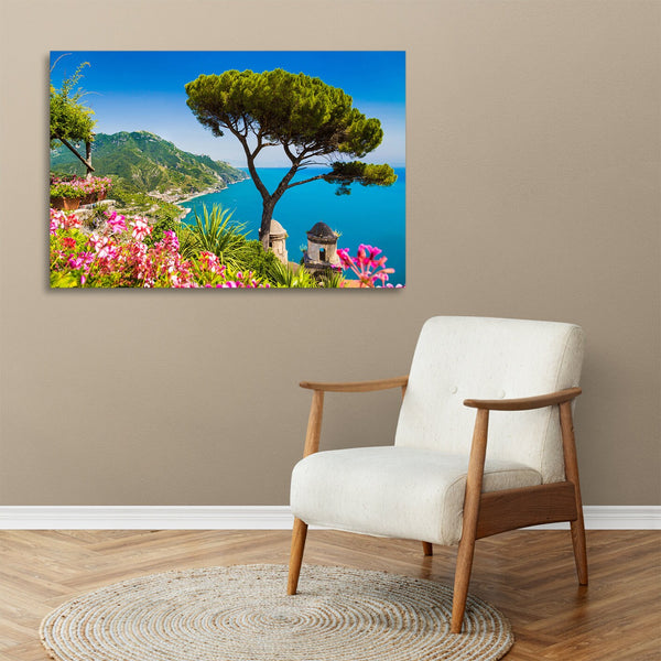 Quadro Stampa su Tela con Telaio in legno panorama costiera amalfitana