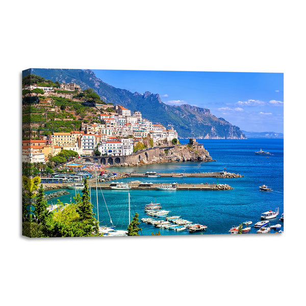 Quadro Stampa su Tela con Telaio in legno panorama costiera amalfitana