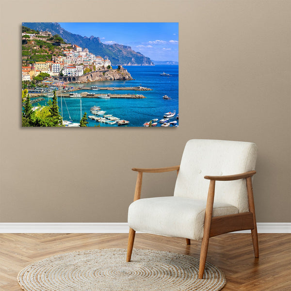 Quadro Stampa su Tela con Telaio in legno panorama costiera amalfitana