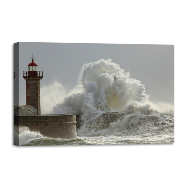 Quadro Stampa su Tela con Telaio in legno panorama mare faro tempesta