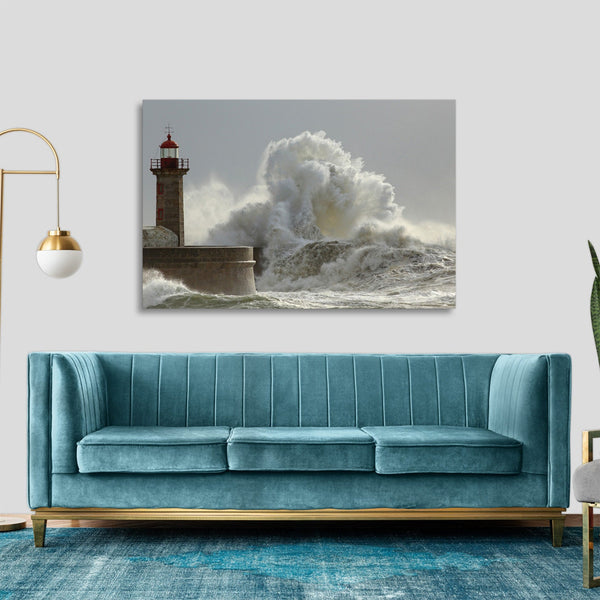 Quadro Stampa su Tela con Telaio in legno panorama mare faro tempesta