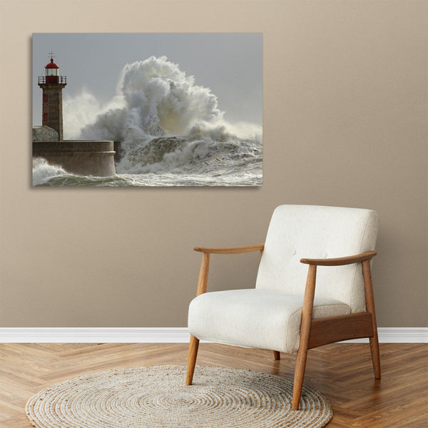 Quadro Stampa su Tela con Telaio in legno panorama mare faro tempesta