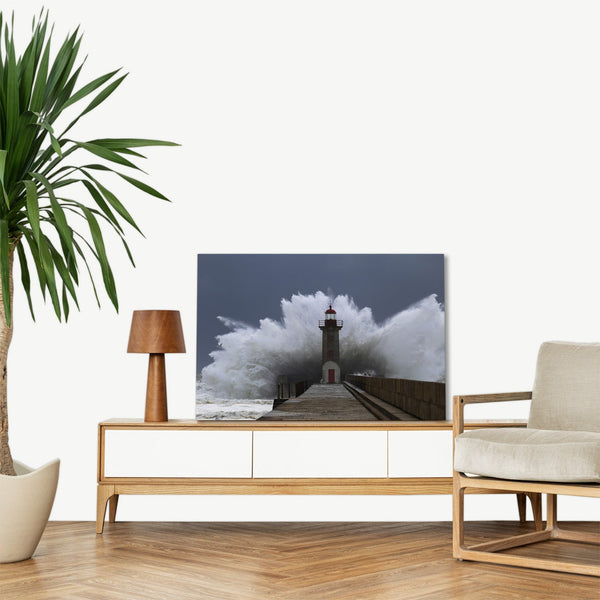 Quadro Stampa su Tela con Telaio in legno panorama mare faro tempesta