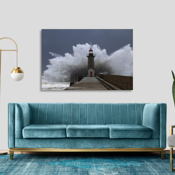 Quadro Stampa su Tela con Telaio in legno panorama mare faro tempesta