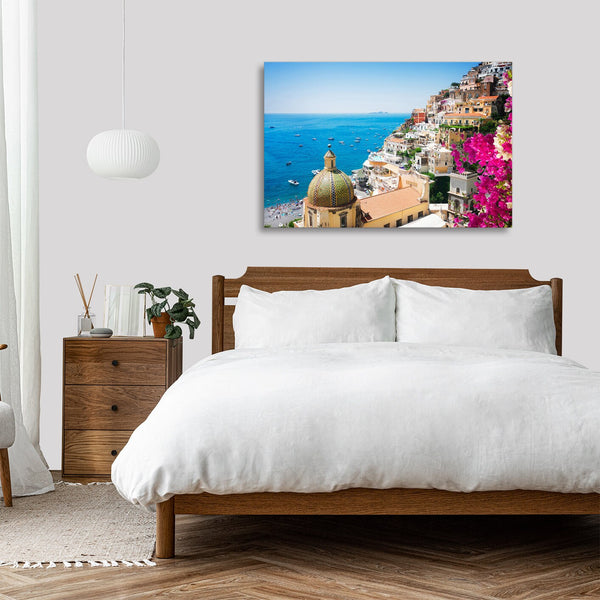 Quadro Stampa su Tela con Telaio in legno panorama costiera amalfitana