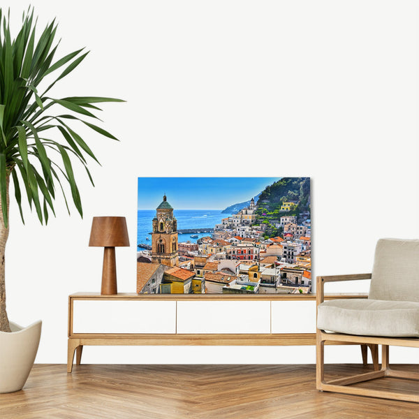 Quadro Stampa su Tela con Telaio in legno panorama costiera amalfitana