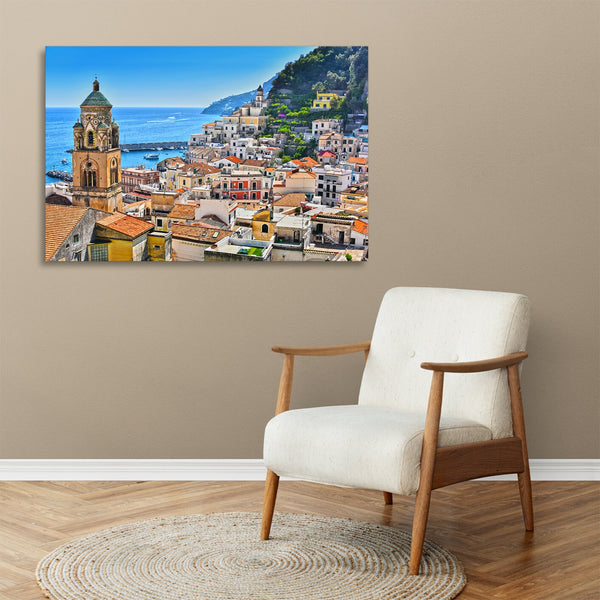 Quadro Stampa su Tela con Telaio in legno panorama costiera amalfitana